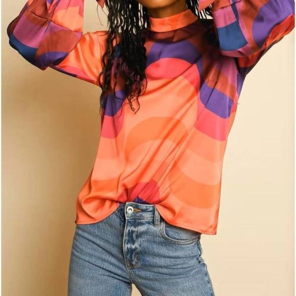 Anthropologie Hutch Myla Blouse Top Orange Geometric Size XS NWT High Neck - Picture 3 of 8